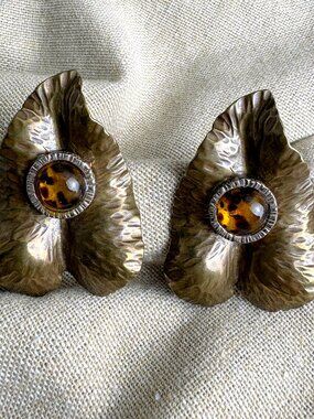 Hammered Brass-Tone Metal Leaf Earrings with Faux Tortoise Shell Cabochon